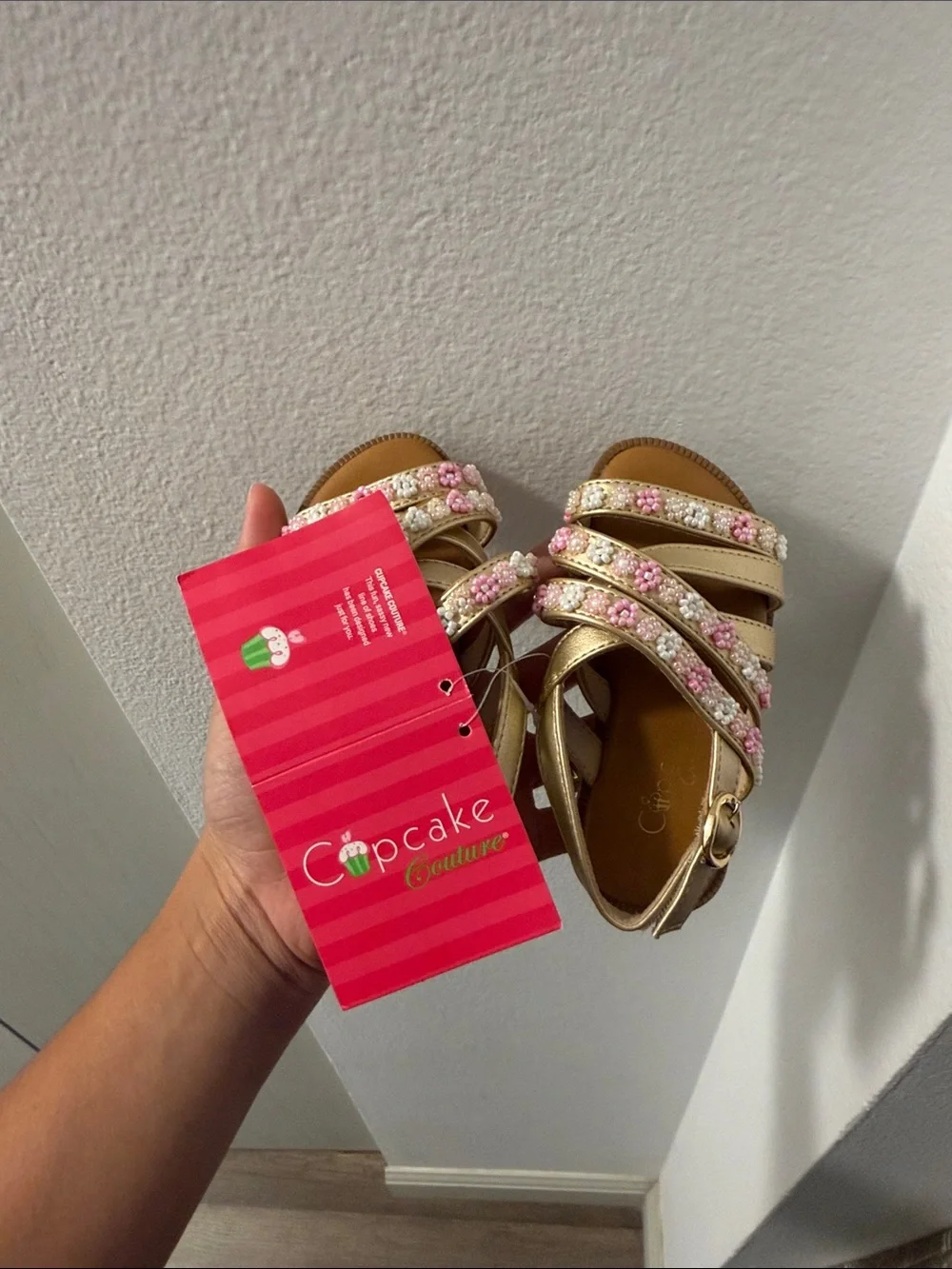 Girls' Gold Sandals with Pink & White Beaded Straps
